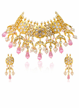 Tizora-Pink Stone Kundan Bridal Necklace Set-INDIASPOPUP.COM