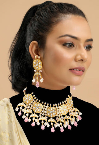 Tizora-Pink Stone Kundan Bridal Necklace Set-INDIASPOPUP.COM