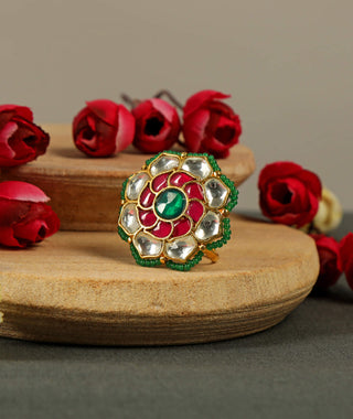 Tizora-Red And Green Pachi Kundan Ring-INDIASPOPUP.COM