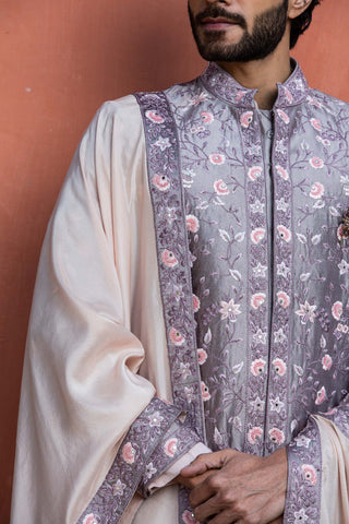 Nitika Gujral Men-Lilac Tafetta Embroidered Achkan Set-INDIASPOPUP.COM