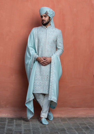 Nitika Gujral Men-Aqua Blue Embroidered Achkan Set-INDIASPOPUP.COM