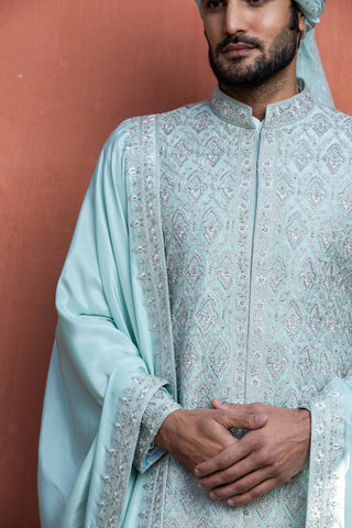 Nitika Gujral Men-Aqua Blue Embroidered Achkan Set-INDIASPOPUP.COM