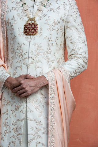 Nitika Gujral Men-Ivory Raw Silk Sherwani Set-INDIASPOPUP.COM