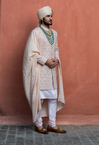 Nitika Gujral Men-Nude Embroidered Sherwani Kurta Set-INDIASPOPUP.COM