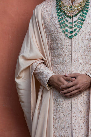 Nitika Gujral Men-Nude Embroidered Sherwani Kurta Set-INDIASPOPUP.COM