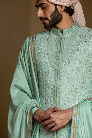 Nitika Gujral Men-Mint Green Monga Achkan Set-INDIASPOPUP.COM