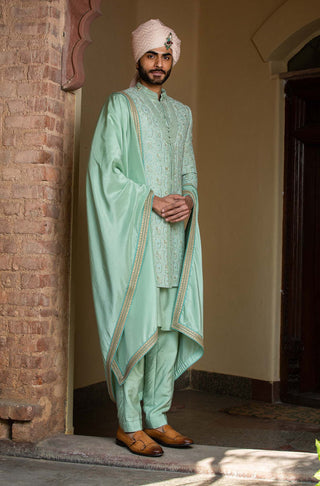 Nitika Gujral Men-Mint Green Monga Achkan Set-INDIASPOPUP.COM