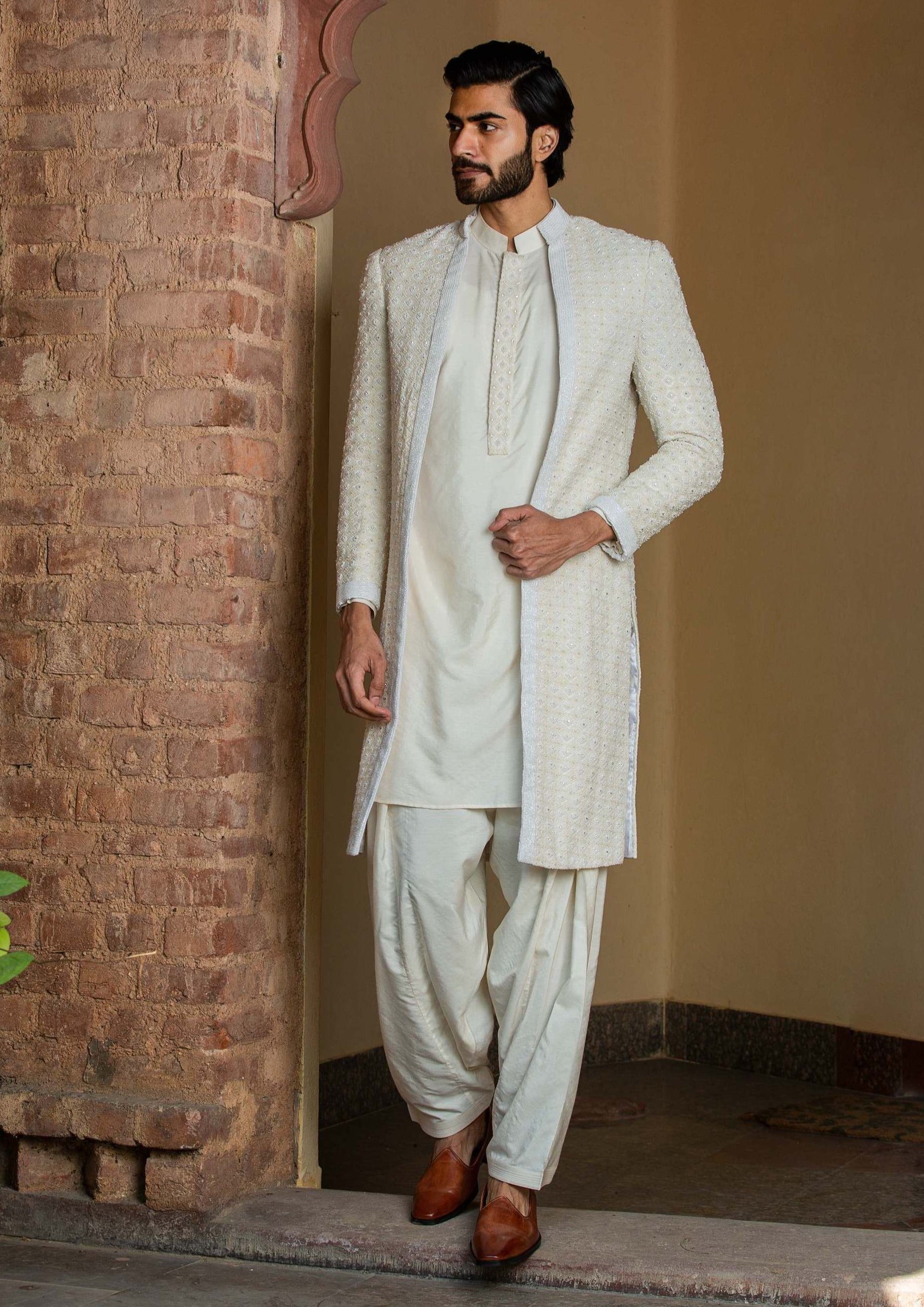 Nitika Gujral Men Ivory Embroidered Long Jacket With Kurta And