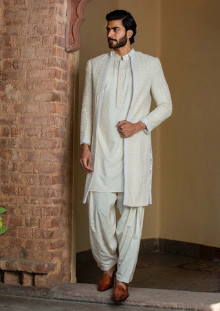 Nitika Gujral Men-Ivory Embroidered Long Jacket With Kurta And Salwar-INDIASPOPUP.COM