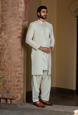 Nitika Gujral Men-Ivory Embroidered Long Jacket With Kurta And Salwar-INDIASPOPUP.COM