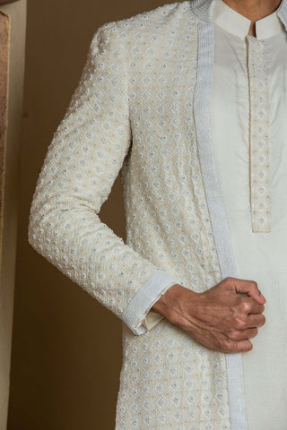 Nitika Gujral Men-Ivory Embroidered Long Jacket With Kurta And Salwar-INDIASPOPUP.COM