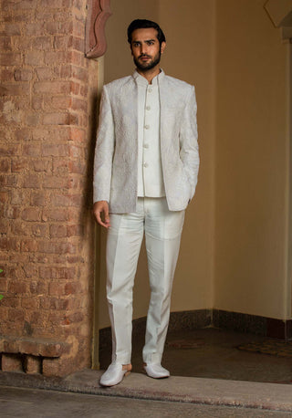 Nitika Gujral Men-Ivory Embroidered Short Jacket With Vest And Pant-INDIASPOPUP.COM