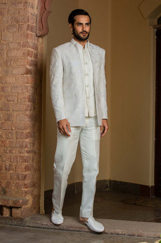 Nitika Gujral Men-Ivory Embroidered Short Jacket With Vest And Pant-INDIASPOPUP.COM