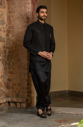 Nitika Gujral Men-Black Nehru Jacket With Kurta And Pant-INDIASPOPUP.COM