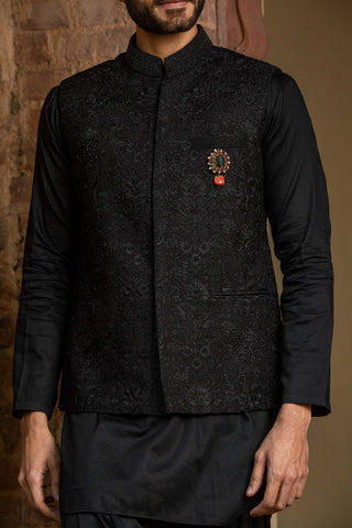 Nitika Gujral Men-Black Nehru Jacket With Kurta And Pant-INDIASPOPUP.COM