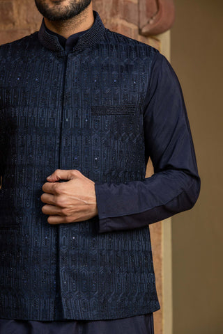 Nitika Gujral Men-Navy Blue Bundi With Kurta And Churidar-INDIASPOPUP.COM