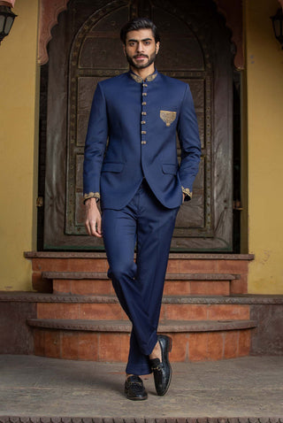 Nitika Gujral Men-Navy Blue Embroidered Jodhpuri Suit-INDIASPOPUP.COM