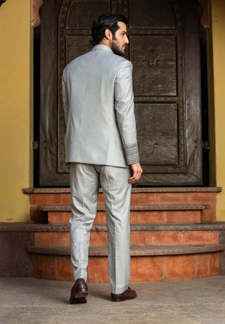 Nitika Gujral Men-Silver Grey Embroidered Jodhpuri Suit-INDIASPOPUP.COM