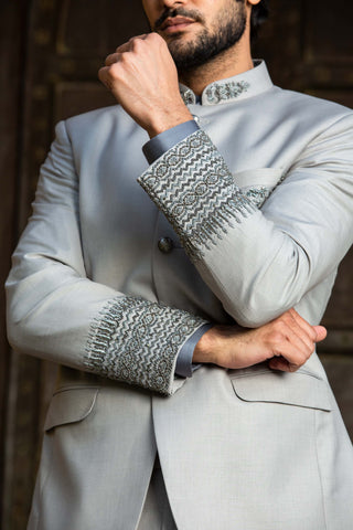 Nitika Gujral Men-Silver Grey Embroidered Jodhpuri Suit-INDIASPOPUP.COM