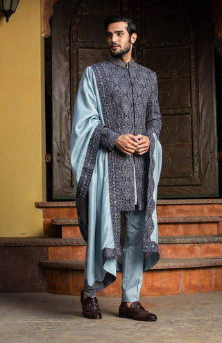 Nitika Gujral Men-Navy Blue Embroidered Sherwani Kurta Set-INDIASPOPUP.COM