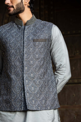 Nitika Gujral Men-Steel Grey Bundi With Kurta And Pant-INDIASPOPUP.COM