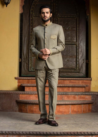 Nitika Gujral Men-Olive Green Embroidered Jodhpuri Suit-INDIASPOPUP.COM