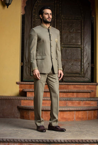 Nitika Gujral Men-Olive Green Embroidered Jodhpuri Suit-INDIASPOPUP.COM