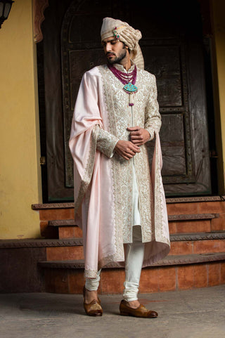 Nitika Gujral Men-Ivory Tafetta Achkan Set-INDIASPOPUP.COM