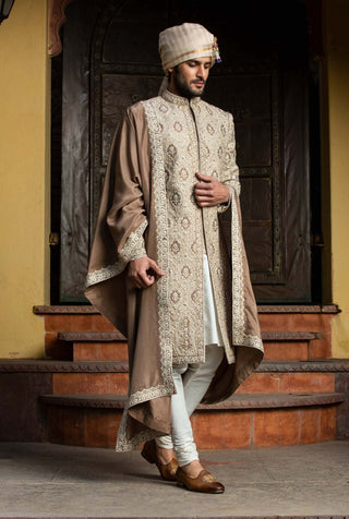 Nitika Gujral Men-Beige Brown Patchwork Achkan Set-INDIASPOPUP.COM