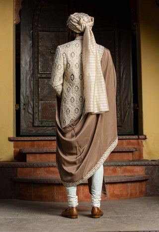 Nitika Gujral Men-Beige Brown Patchwork Achkan Set-INDIASPOPUP.COM