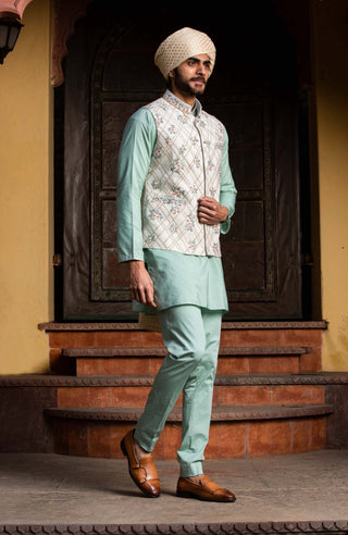 Nitika Gujral Men-Cream Embroidered Bundi With Green Kurta And Pants-INDIASPOPUP.COM