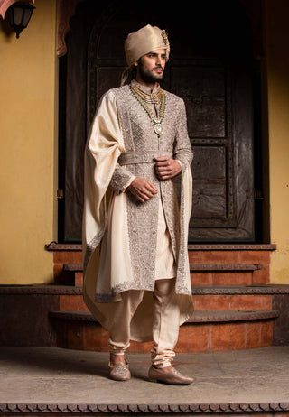 Nitika Gujral Men-Brown Raw Silk Achkan Set-INDIASPOPUP.COM