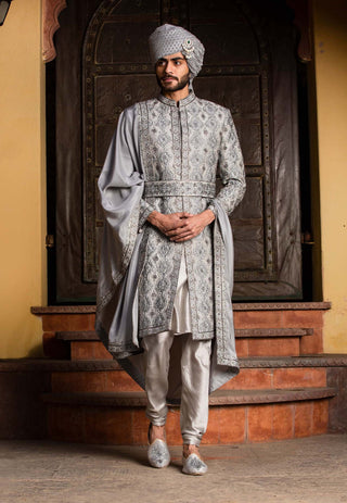 Nitika Gujral Men-Grey Embroidered Achkan Set-INDIASPOPUP.COM