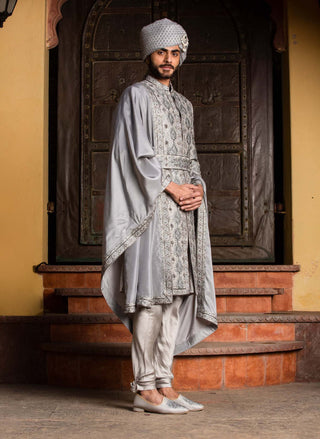 Nitika Gujral Men-Grey Embroidered Achkan Set-INDIASPOPUP.COM