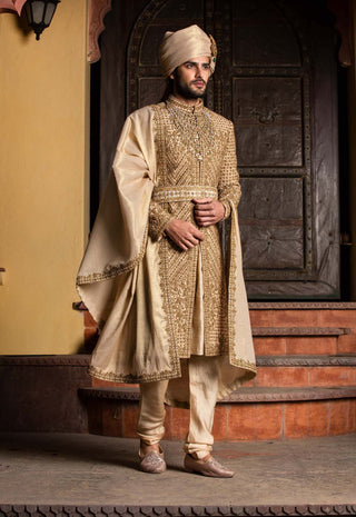 Nitika Gujral Men-Gold Raw Silk Achkan Set-INDIASPOPUP.COM