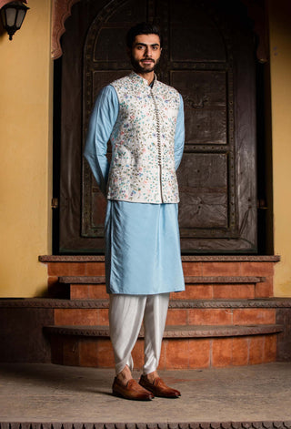 Nitika Gujral Men-Ivory Bundi With Blue Kurta And Dhoti-INDIASPOPUP.COM