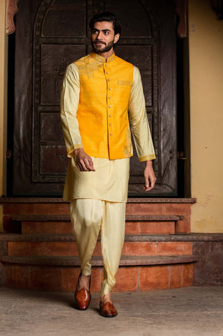 Nitika Gujral Men-Yellow Bundi With Kurta And Dhoti-INDIASPOPUP.COM