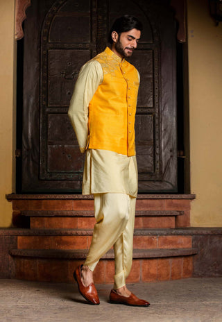 Nitika Gujral Men-Yellow Bundi With Kurta And Dhoti-INDIASPOPUP.COM