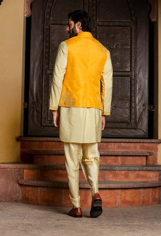 Nitika Gujral Men-Yellow Bundi With Kurta And Dhoti-INDIASPOPUP.COM