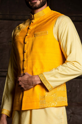 Nitika Gujral Men-Yellow Bundi With Kurta And Dhoti-INDIASPOPUP.COM