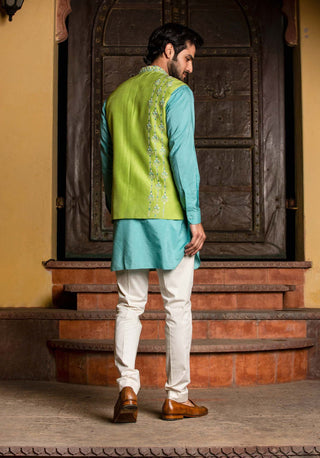 Nitika Gujral Men-Lime Bundi With Blue Kurta And Pant-INDIASPOPUP.COM