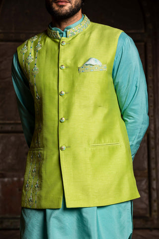 Nitika Gujral Men-Lime Bundi With Blue Kurta And Pant-INDIASPOPUP.COM