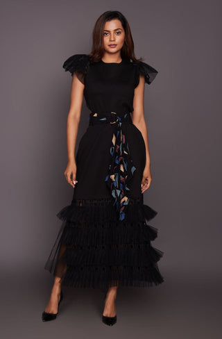 Deepika Arora-Black Cutwork Dress With Belt-INDIASPOPUP.COM