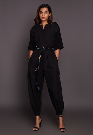 Deepika Arora-Black Relaxed Jumpsuit With Belt-INDIASPOPUP.COM