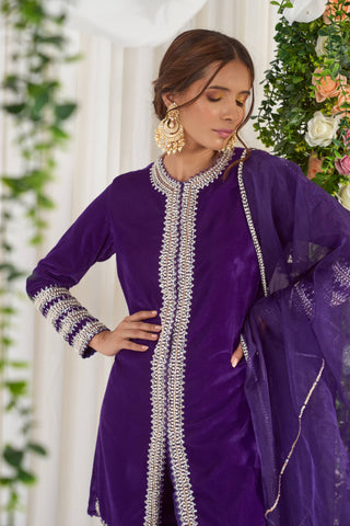 Nidhika Shekhar-Purple Velvet Embroidered Kurta Set-INDIASPOPUP.COM