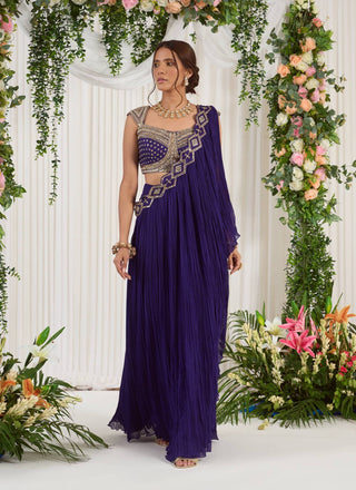 Nidhika Shekhar-Purple Draped Sari With Blouse-INDIASPOPUP.COM