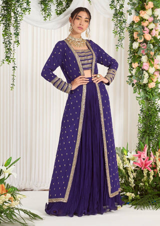 Nidhika Shekhar-Purple Crinkled Lehenga And Cape Set-INDIASPOPUP.COM