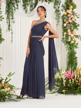 Nidhika Shekhar-Charcoal Grey Drape Gown-INDIASPOPUP.COM