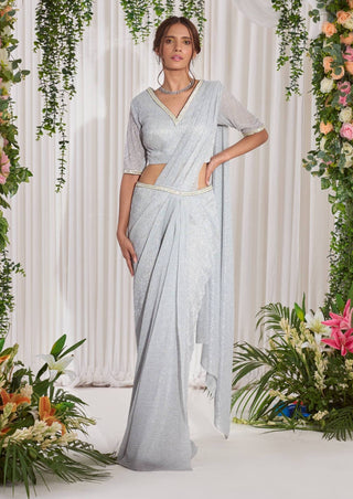 Nidhika Shekhar-Silver Draped Shimmer Sari With Blouse-INDIASPOPUP.COM