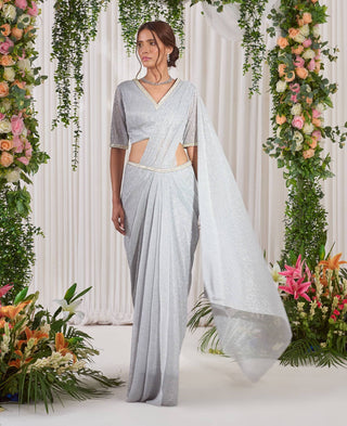 Nidhika Shekhar-Silver Draped Shimmer Sari With Blouse-INDIASPOPUP.COM